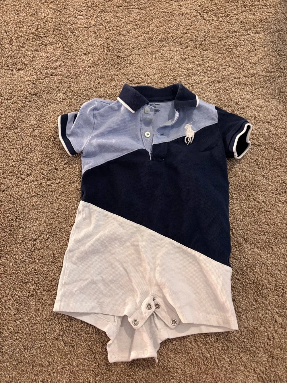 Ralph Lauren Baby Polo Romper in Navy, Light Blue & White Trim